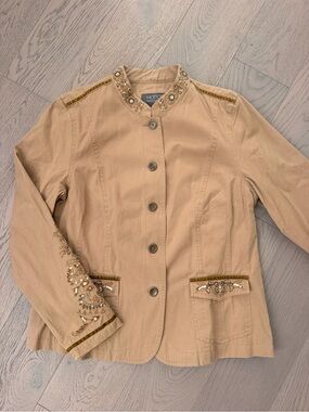 Motto Your Style Mantra Jacket Womens M Beaded Sequin Western Boho Tan Cotton